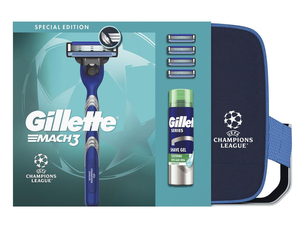 Набір подарунковий Gillette Mach3 UEFA, бритва, 4 касети, гель, косметичка, колір синій (ціна за 4п