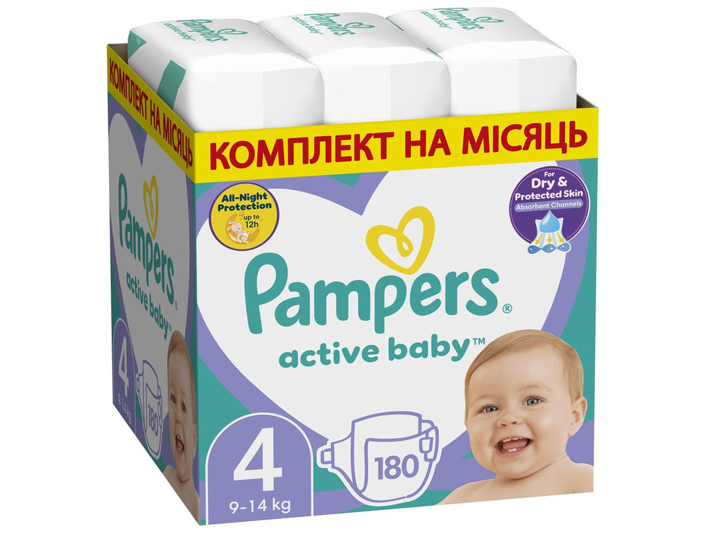 Подгузники Pampers Active Baby, одноразовые, слой Extra Sleep, размер 4 (Maxi), 9-14кг, 180шт/уп