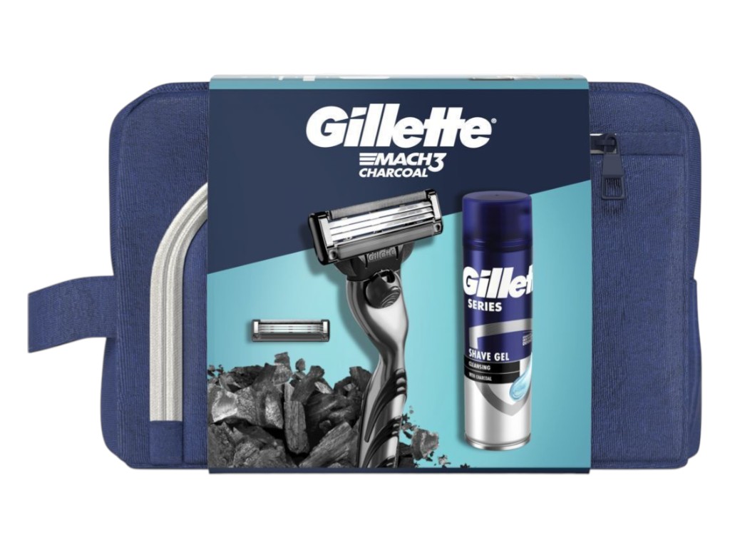 Набір для гоління Gillette Mach3 charcoal з гелем для гоління 200 мл та косметичкою