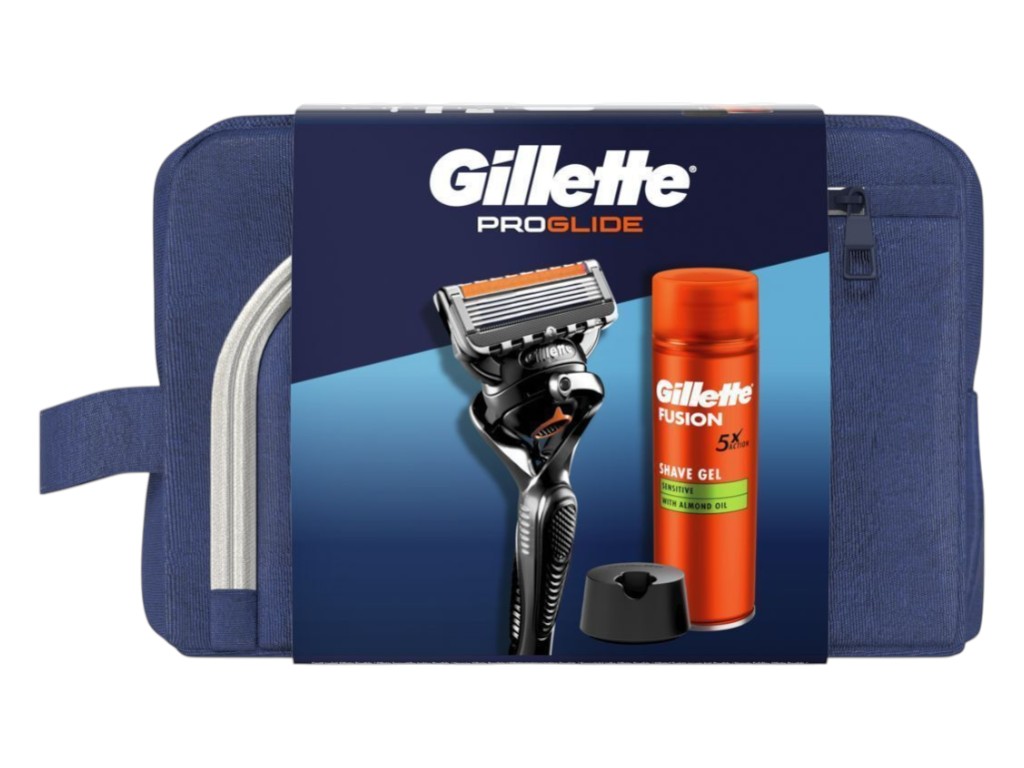 Набір для гоління Gillette ProGlide з гелем fusion5 200 мл, підставкою та косметичкою