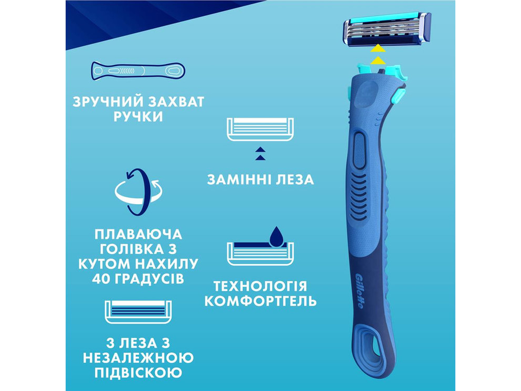 Станок для бритья Gillette Sensor3 Plus Comfort, с 4 сменными кассетами, 3 лезвия, сталь, цвет синий