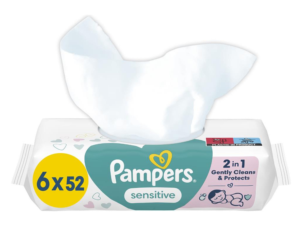 Салфетки влажные детские Pampers Sensitive, для чувствительной кожи, без спирта, хлопок, 6 х 52шт