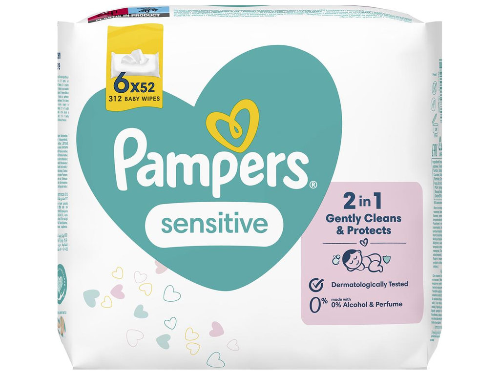 Салфетки влажные детские Pampers Sensitive, для чувствительной кожи, без спирта, хлопок, 6 х 52шт
