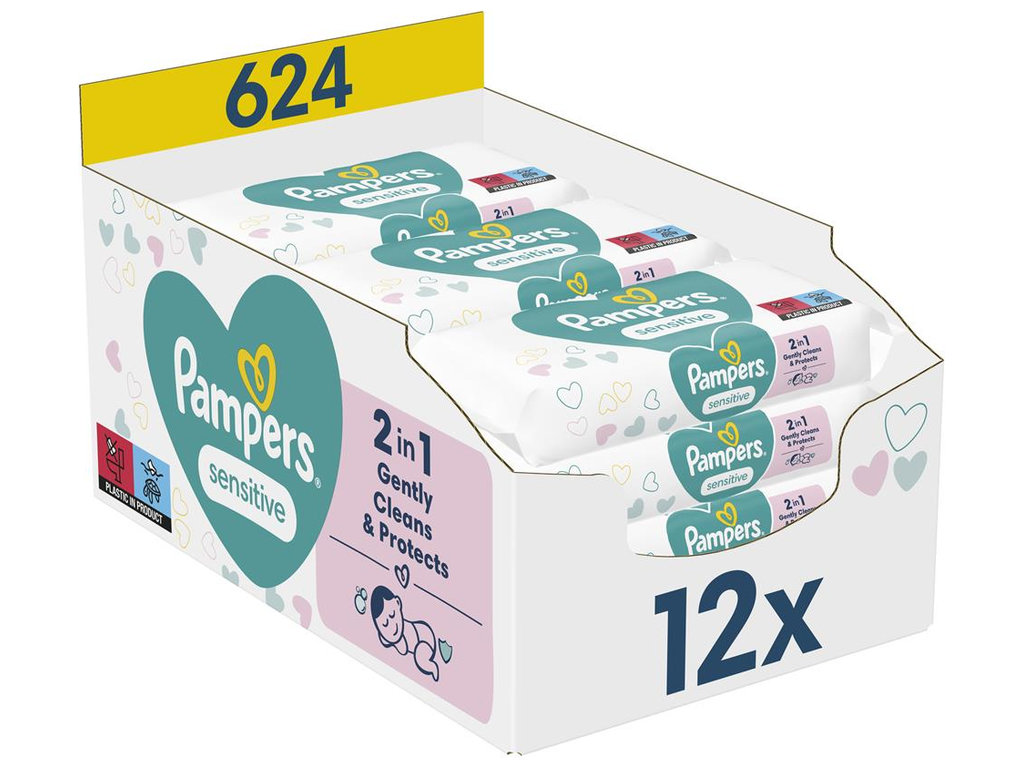 Салфетки влажные детские Pampers Sensitive, для чувствительной кожи, без спирта, хлопок, 12 х 52шт
