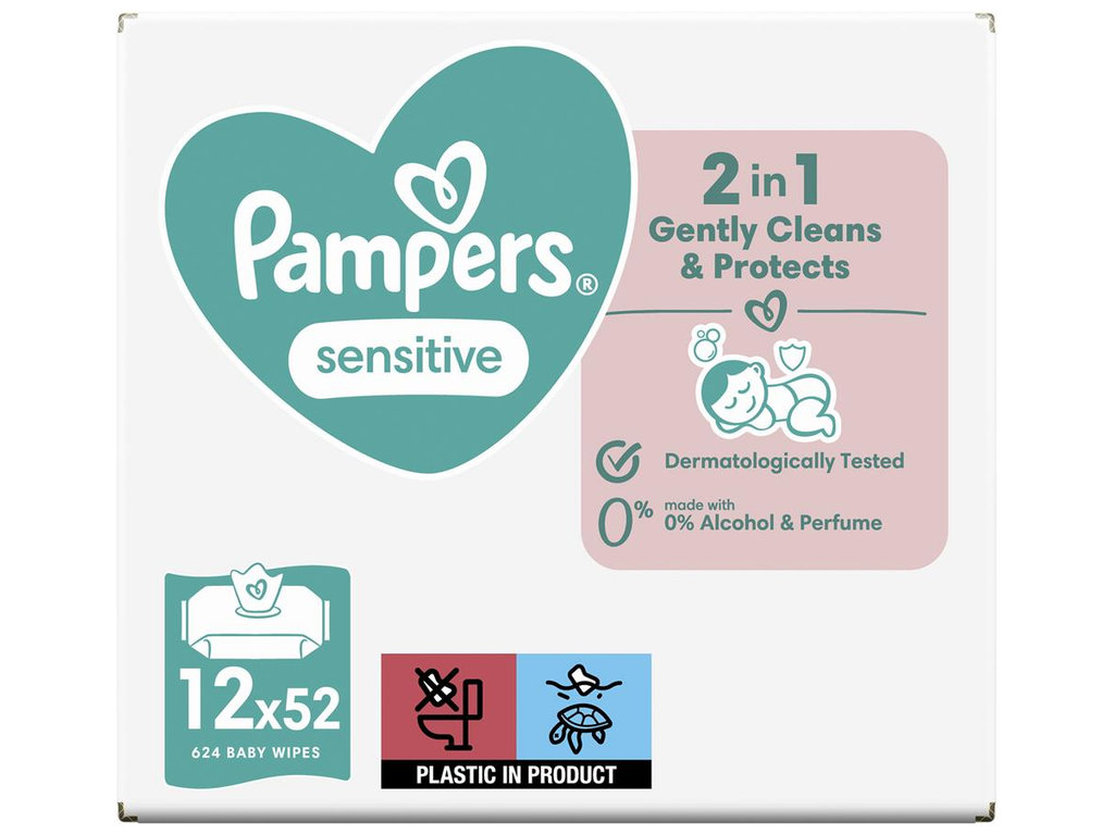 Салфетки влажные детские Pampers Sensitive, для чувствительной кожи, без спирта, хлопок, 12 х 52шт