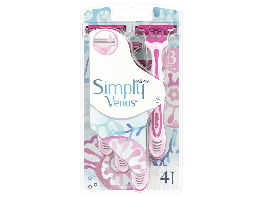Станок для бритвы Gillette Simply Venus 3, одноразовый, с алоэ, 3 лезвия, пластик, цвет розовый, 4шт