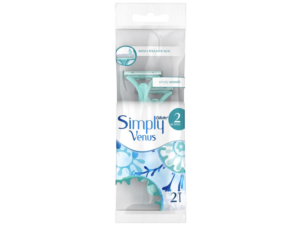 Станок для бритья Gillette Simply Venus 2, одноразовый, алоэ, 2 лезвия, пластик, цвет голубой, 2шт