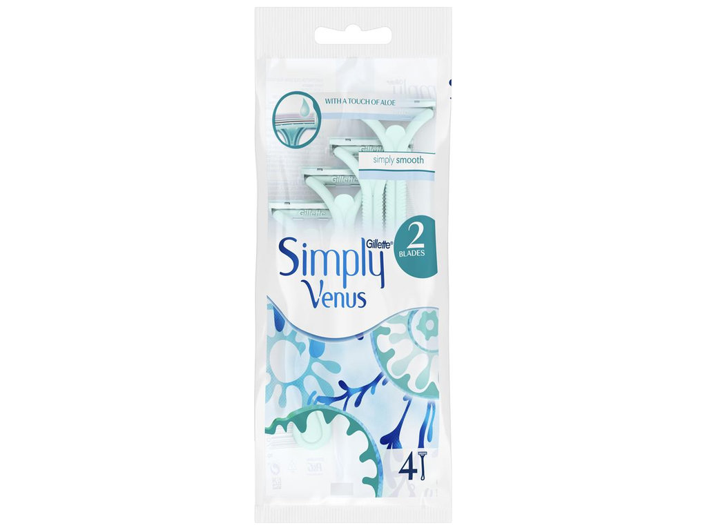 Станок для бритья Gillette Simply Venus 2, одноразовый, алоэ, 2 лезвия, пластик, цвет голубой, 4шт