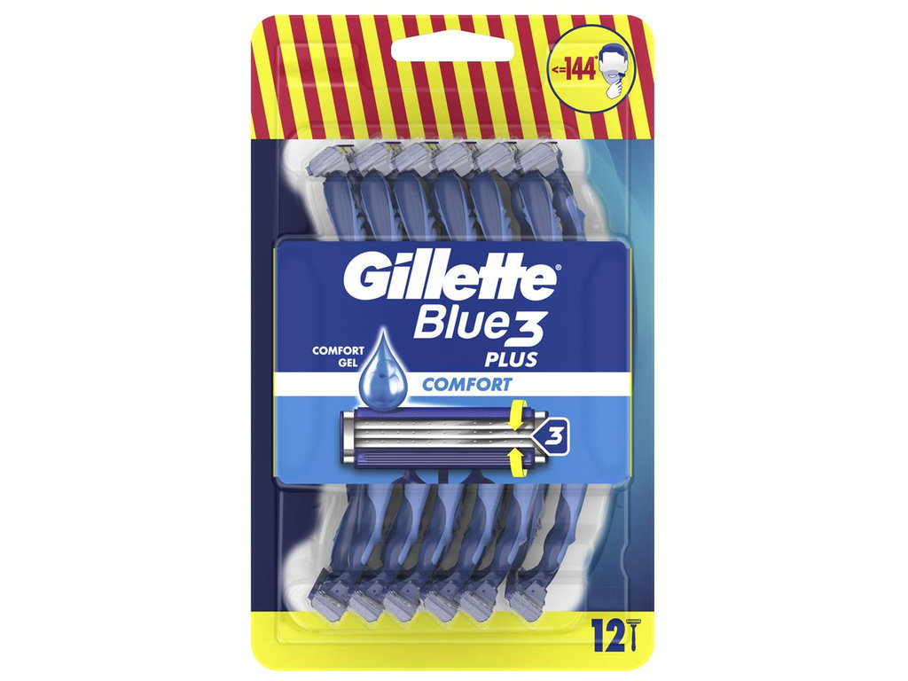 Станок для бритья Gillette Blue3 Comfort, одноразовый, 3 лезвия, хромовое покрытие, пластик, 12шт