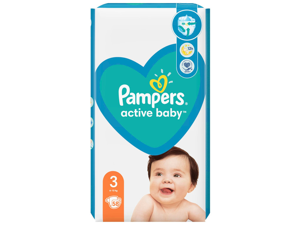 Подгузники одноразовые Pampers Active Baby, размер 3 Midi, 6–10кг, 58шт