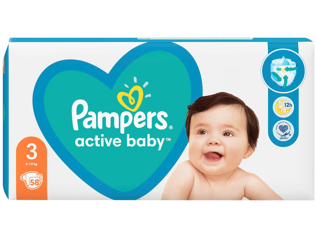 Подгузники одноразовые Pampers Active Baby, размер 3 Midi, 6–10кг, 58шт
