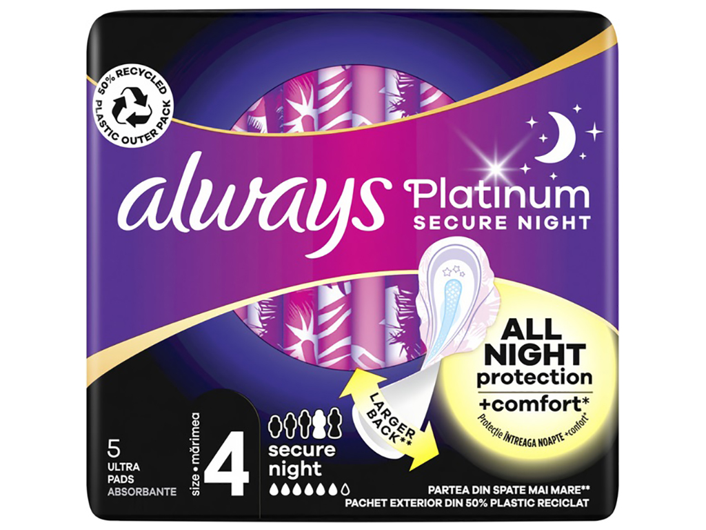 Прокладки ультратонкие Always Platinum Secure Night Duo, ароматизированные, 7капель, 5шт