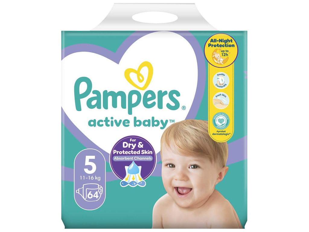 Подгузники Pampers Active Baby, одноразовые, слой Extra Sleep, размер 5 (Junior), 11-16кг, 64шт/уп