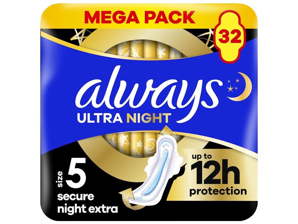 Прокладки Always Ultra Secure Night Extra з крильцями та ароматизатором, 8 крапель, 32шт