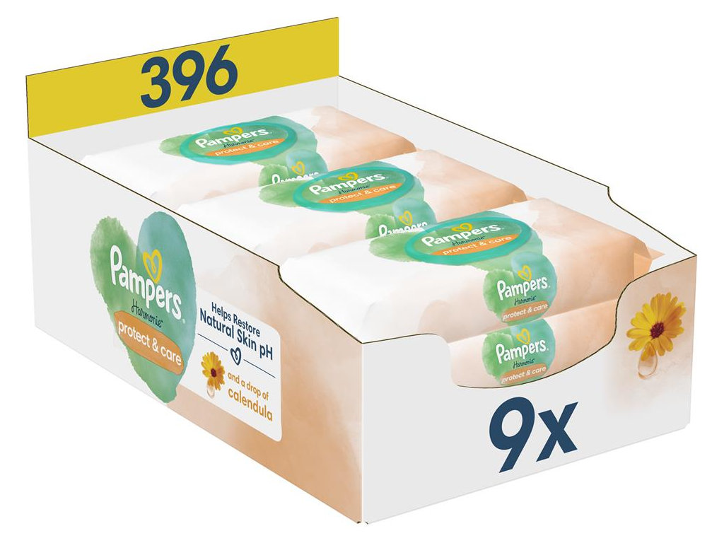 Серветки вологі дитячі Pampers Harmonie Protect& Care, з календулою, без спирту, бавовна, 9 х 44шт