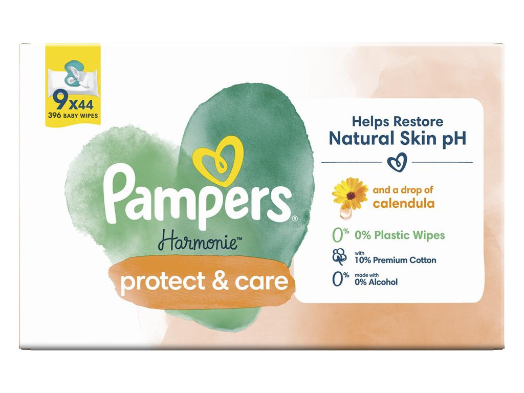 Серветки вологі дитячі Pampers Harmonie Protect& Care, з календулою, без спирту, бавовна, 9 х 44шт