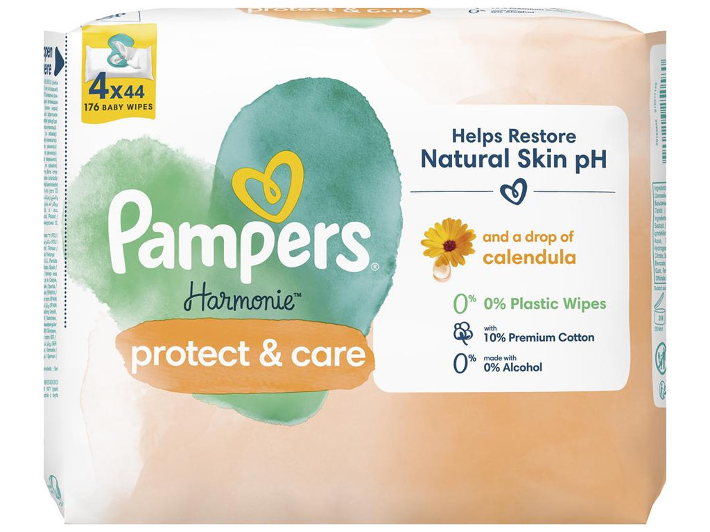 Серветки вологі дитячі Pampers Harmonie Protect& Care, з календулою, без спирту, бавовна, 4 х 44шт