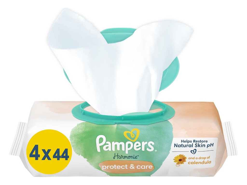 Серветки вологі дитячі Pampers Harmonie Protect& Care, з календулою, без спирту, бавовна, 4 х 44шт