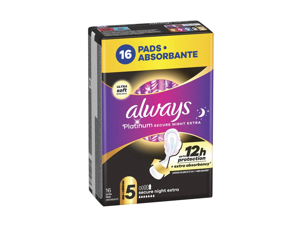 Прокладки гигиенические Always Platinum Secure Night Extra, с крылышками, 7 капель, размер 5, 16шт