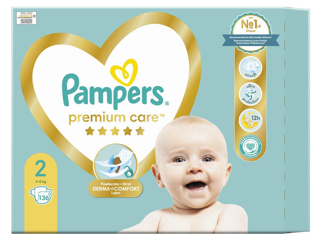 Подгузники Pampers Premium Care 2, одноразовые, индикатор влаги, размер 2, 4-8кг, 136шт/уп
