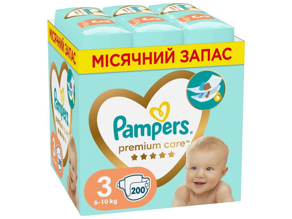 Подгузники Pampers Premium Care, одноразовые, индикатор влаги, размер 3, 6-10кг, 200шт/уп