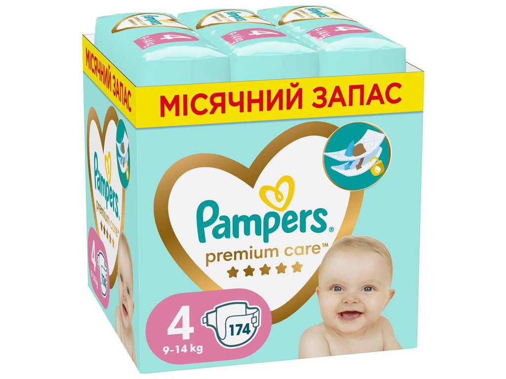 Подгузники Pampers Premium Care, одноразовые, индикатор влаги, размер 4, 9-14кг, 174шт/уп