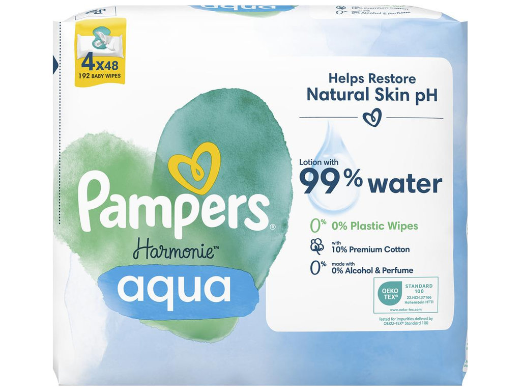Салфетки влажные детские Pampers Harmonie Aqua, на 99% из воды, без спирта, хлопок, 4 x 48шт
