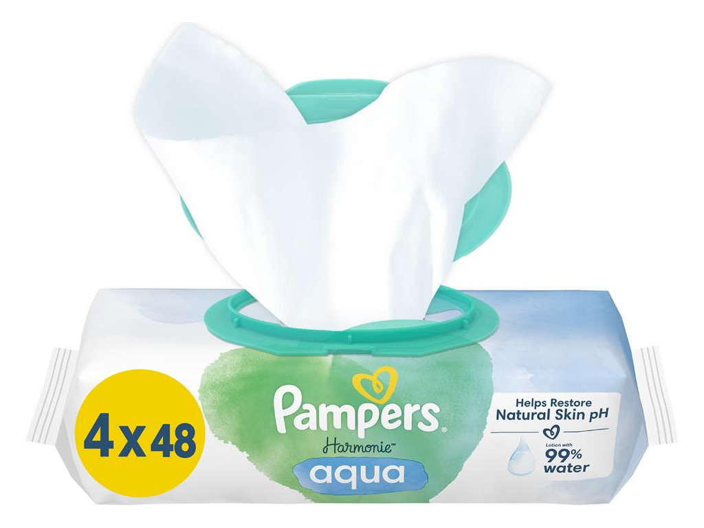 Салфетки влажные детские Pampers Harmonie Aqua, на 99% из воды, без спирта, хлопок, 4 x 48шт
