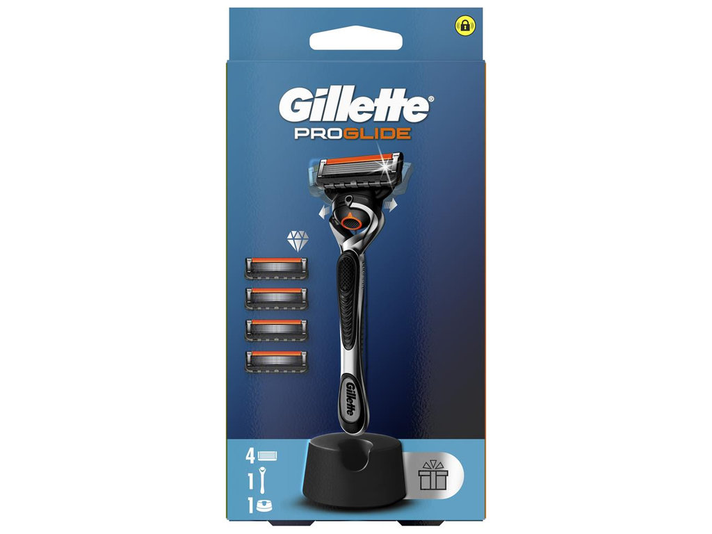 Станок для бритья Gillette ProGlide, 4 сменных картриджа, подставка, металл, цвет черный