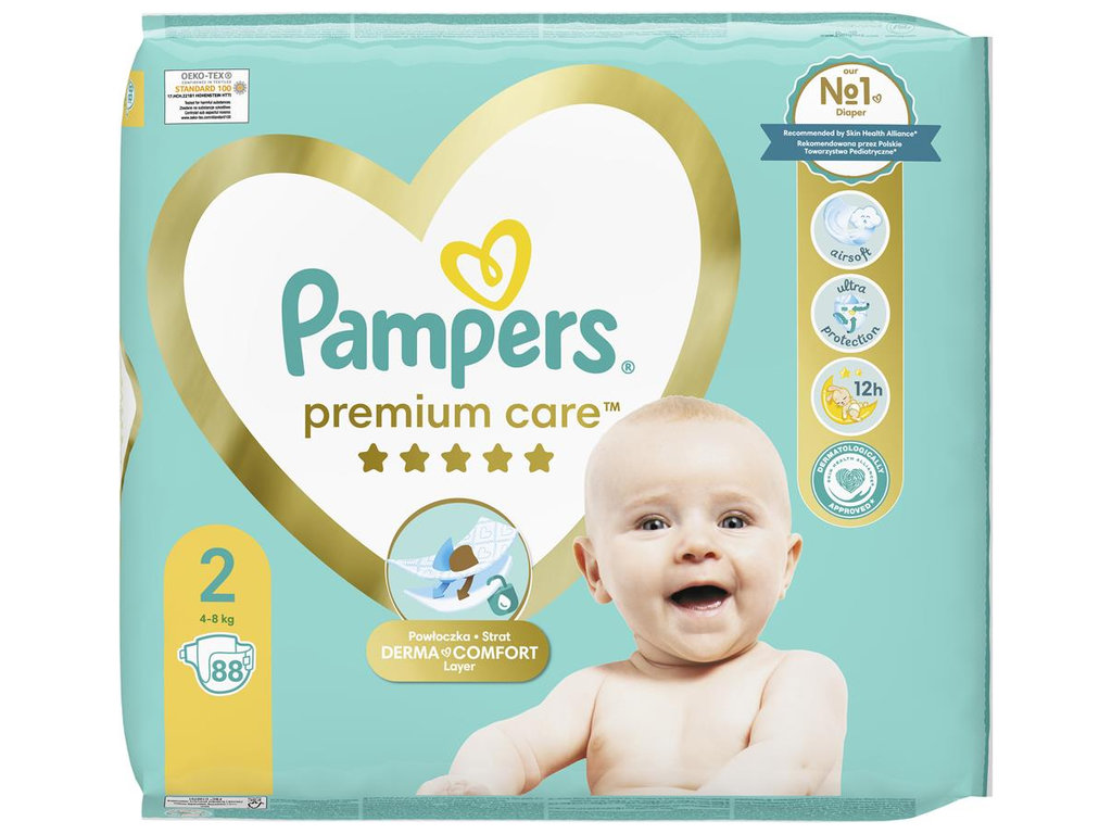Подгузники Pampers Premium Care 2, одноразовые, размер 2, индикатор влаги, 4-8кг, 88шт/уп