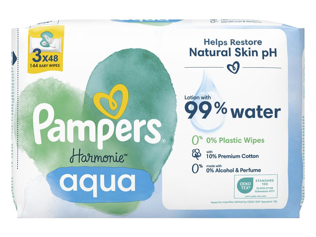 Салфетки влажные детские Pampers Harmonie Aqua, на 99% из воды, без спирта, хлопок, 3 x 48шт
