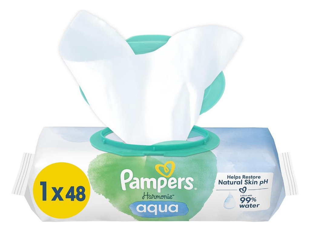 Салфетки влажные детские Pampers Harmonie Aqua, без спирта, ароматизаторов и красителей, 48шт