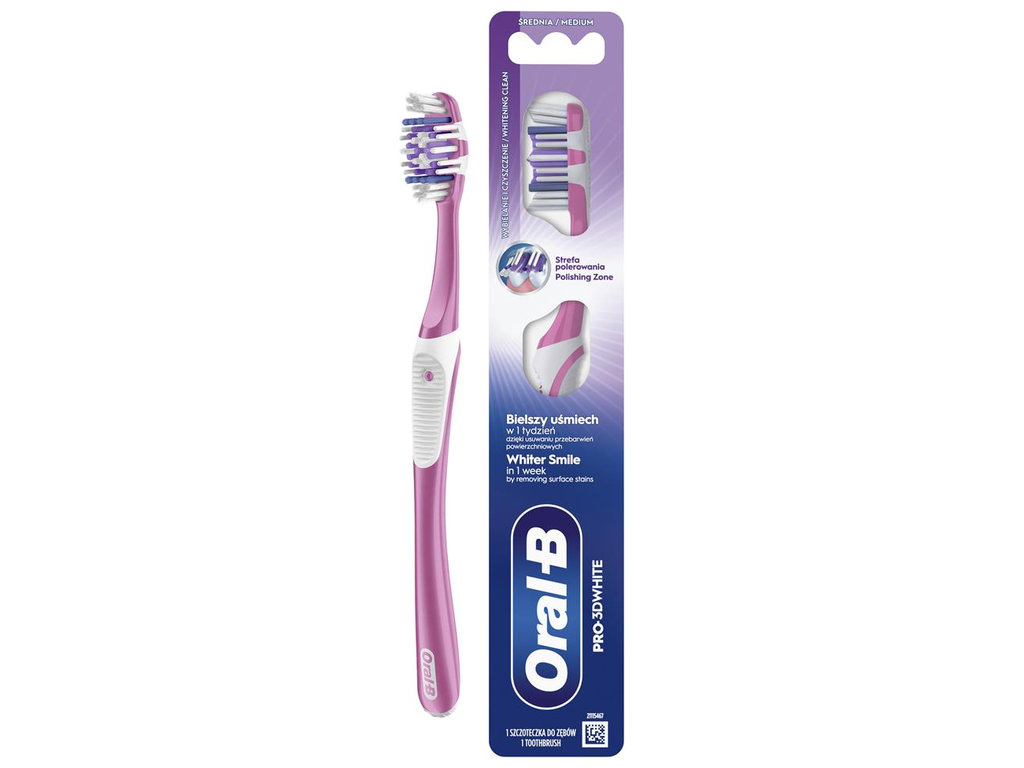 Щітка зубна Oral-B Pro 3D White, середня жорсткість, пластик, нейлон, колір рожевий