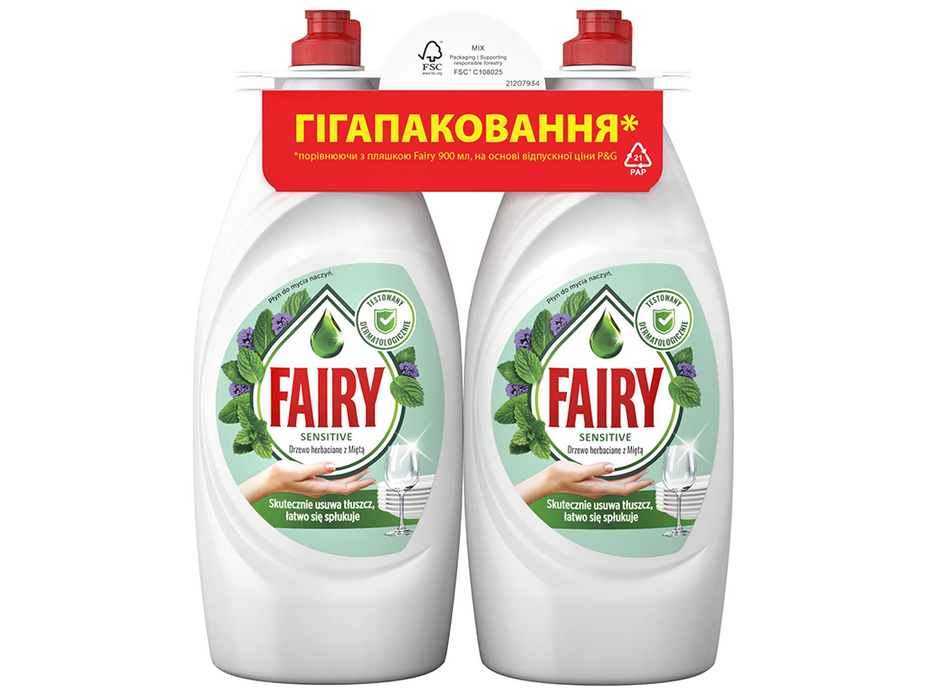 Засіб для миття посуду Fairy Чайне дерево та м'ята, 900мл (ціна за набір 2шт)