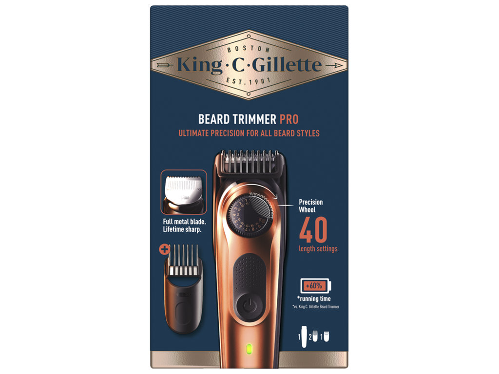Триммер для бороды Gillette King C. Pro, 6Вт, аккумуляторный, нержавеющая сталь, 8х3х3см