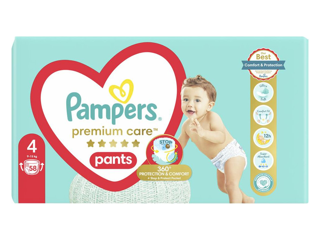Подгузники-трусики Pampers Premium Care Pants, одноразовые, супервпитывающие, размер 4, 9-15кг, 58шт
