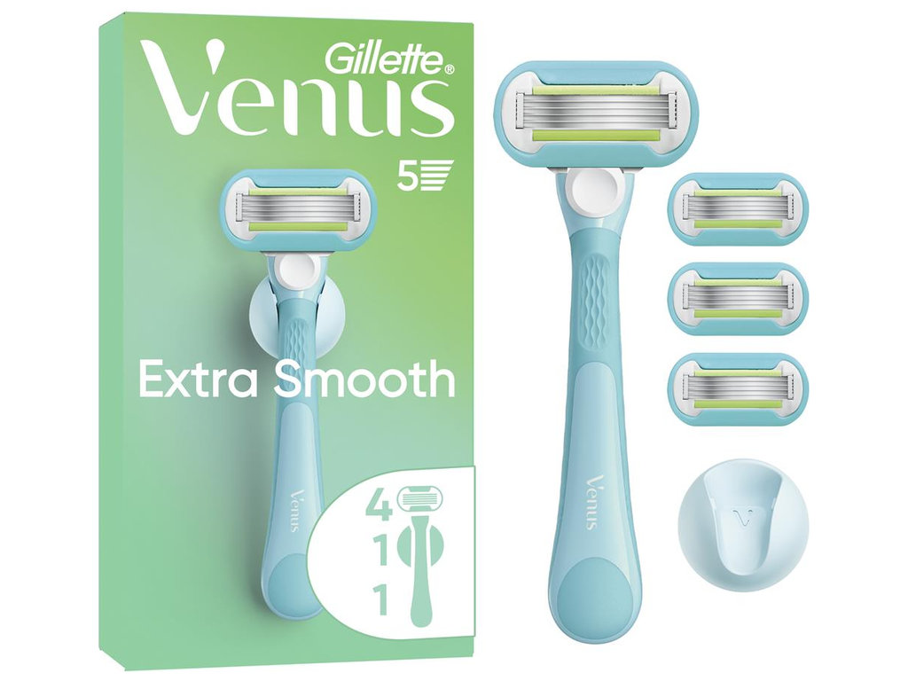 Станок для бритья Venus Extra Smooth, 4 сменных картриджа, держатель, пластик, сталь, цвет голубой