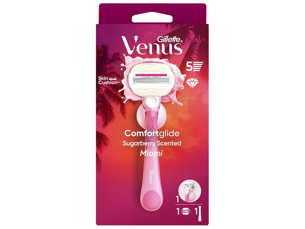 Станок для бритья Gillette Venus ComfortGlide Miami, с 1 сменной кассетой, 5 лезвий, цвет розовый