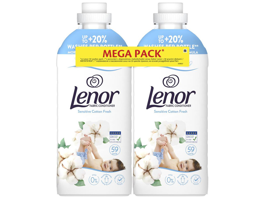 Кондиционер для белья Lenor Свежесть хлопка, для чувствительной кожи, 118 циклов, 1,239лх2шт