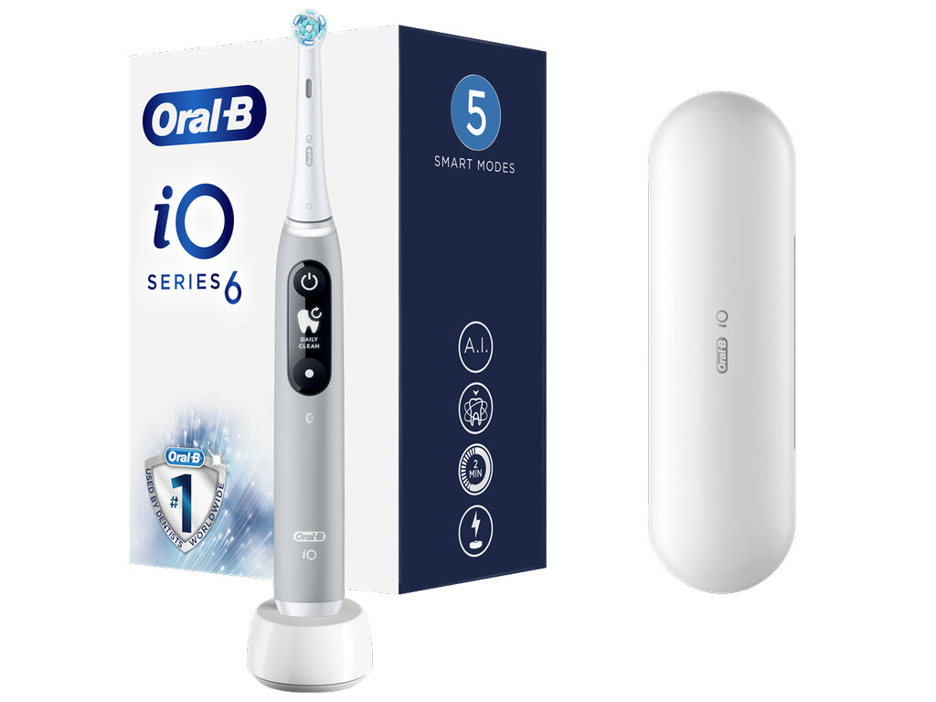 Зубная щетка электрическая Oral-B iO 6, аккумулятор, 5 режимов, футляр, пластик, нейлон, цвет серый