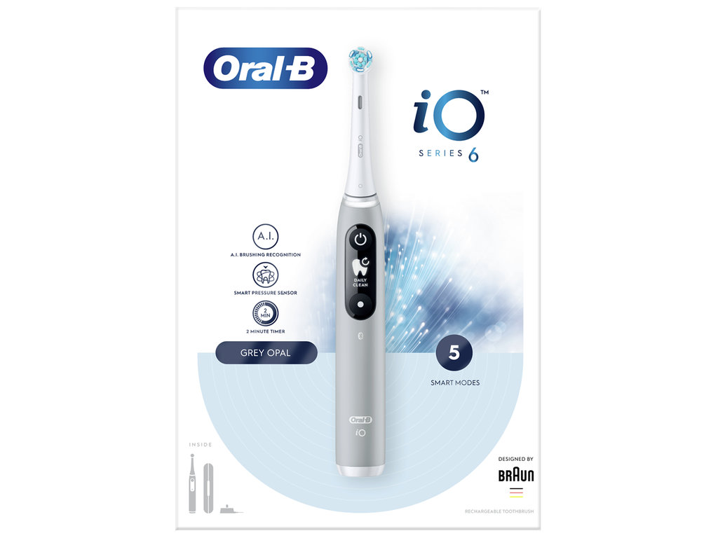 Зубная щетка электрическая Oral-B iO 6, аккумулятор, 5 режимов, футляр, пластик, нейлон, цвет серый