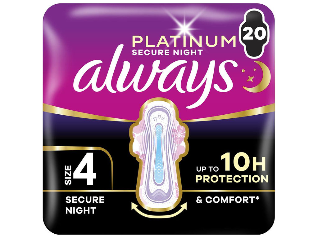 Прокладки гігієнічні Always Platinum Secure Night, з крильцями, 6 крапель, розмір 4, 20шт