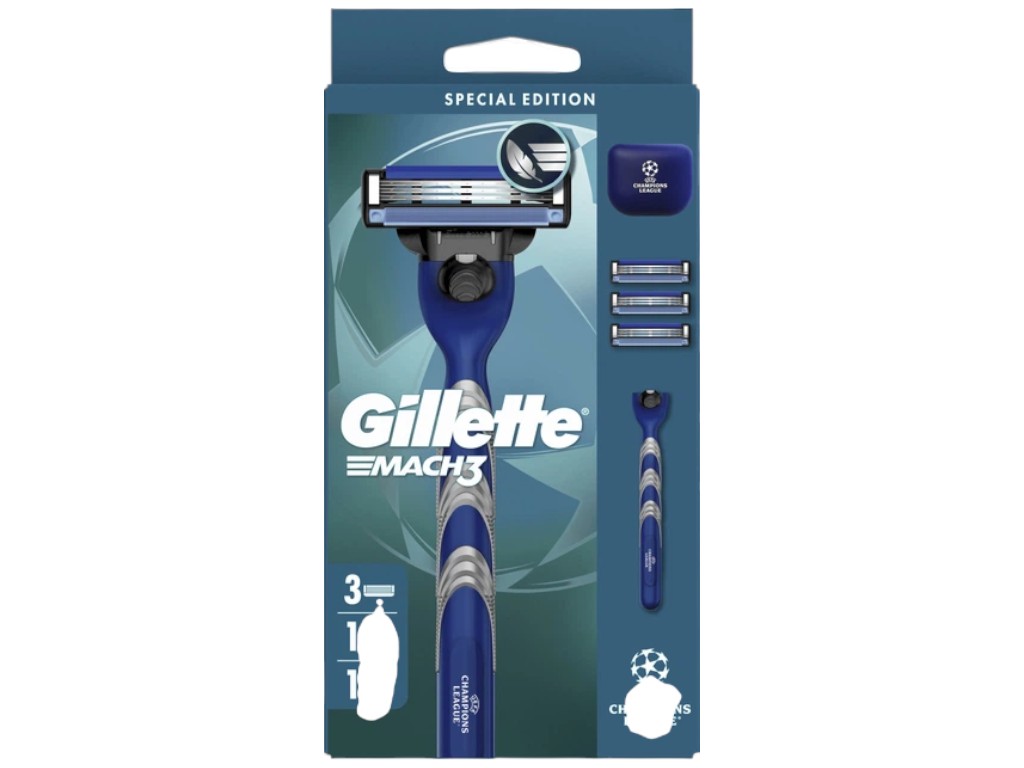 Станок для бритья Gillette Mach3, 3 сменных картриджа, чехол, металл, цвет синий