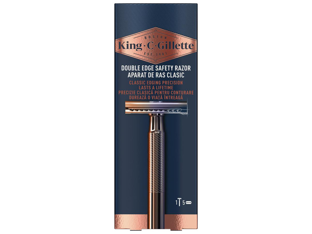 Станок для бритья Gillette King C., Т-образный, 5 сменных лезвий, металл, цвет серебристый