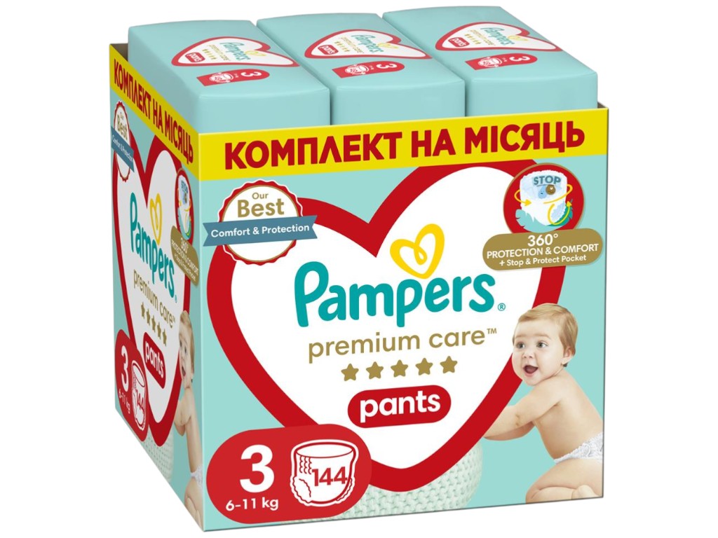 Подгузники-трусики Pampers Premium Care Pants, одноразовые, размер 3, 6-11кг, 144шт/уп