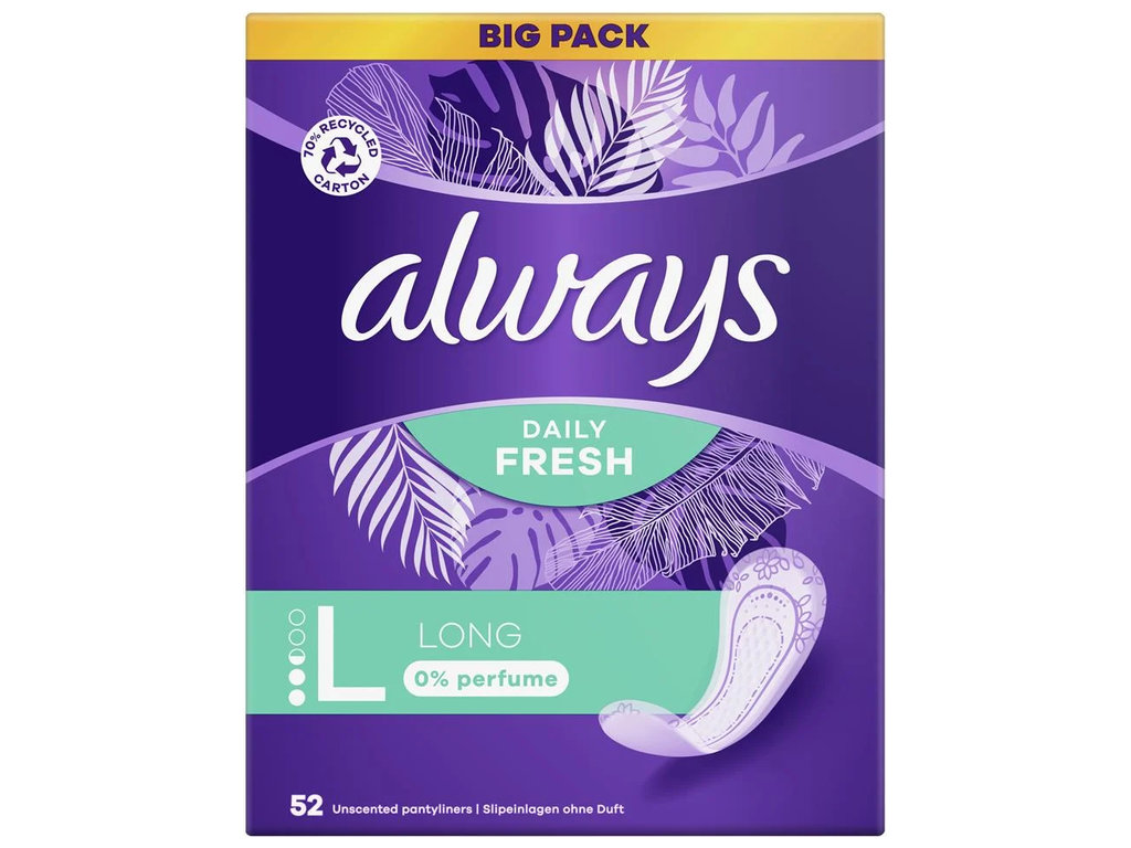 Прокладки щоденні Always Daily Fresh Long, гігієнічні, без запаху, 2,5 краплі, 19x6x14, 52шт
