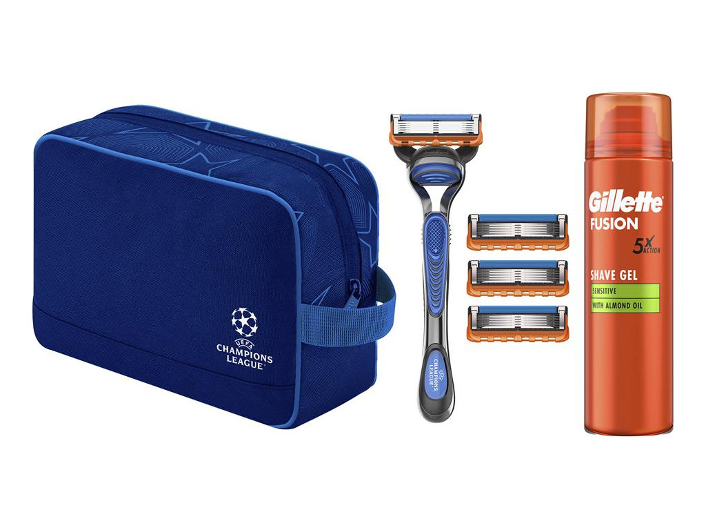 Набір подарунковий Gillette Mach3, верстат, касета, гель, косметичка, колір синій (ціна за 4пр)