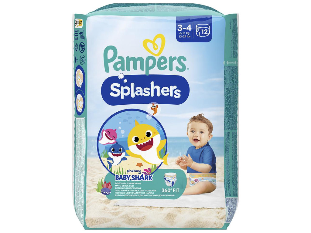 Трусики для плавания Pampers Splashers Baby Shark, не набирают воду, размер 3-4, 6-11 кг, 12шт