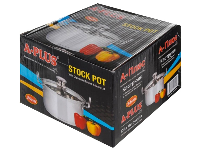 Кастрюля A-Plus со стеклянной крышкой, нержавеющая сталь, капсульное дно 24см 4,5л 04942