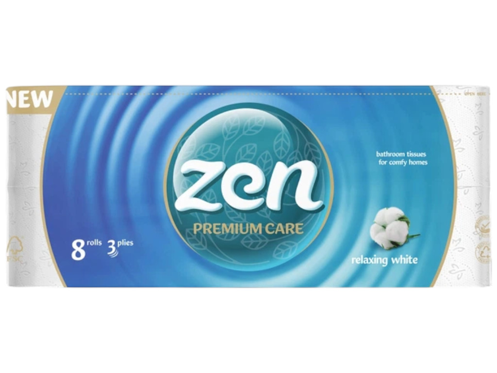 Папір туалетний Zen Premium Care Relaxing White, 3 шари, 8 рулонів, 18,9 м, колір білий